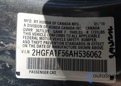 2010 Honda Civic Lx from USA, damaged, VIN 2HGFA1F56AH536062